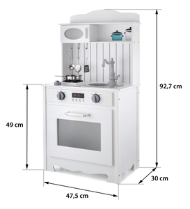 Bijela drvena kuhinja s pregačom, priborom i LED lampom