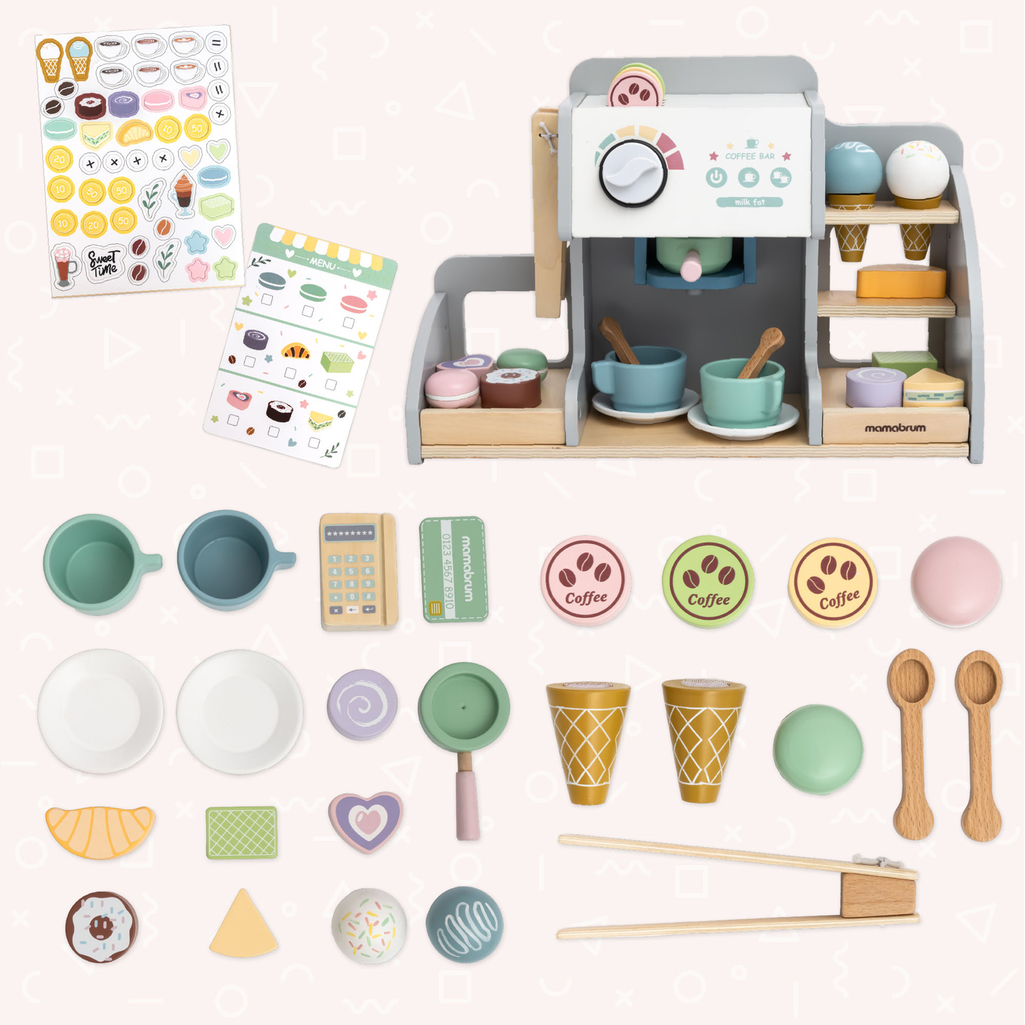 Veliki, drveni kafić i slastičarnica s magnetskom pločom, aparatom za kavu i setom sladoleda i deserta - preko 70 komada!