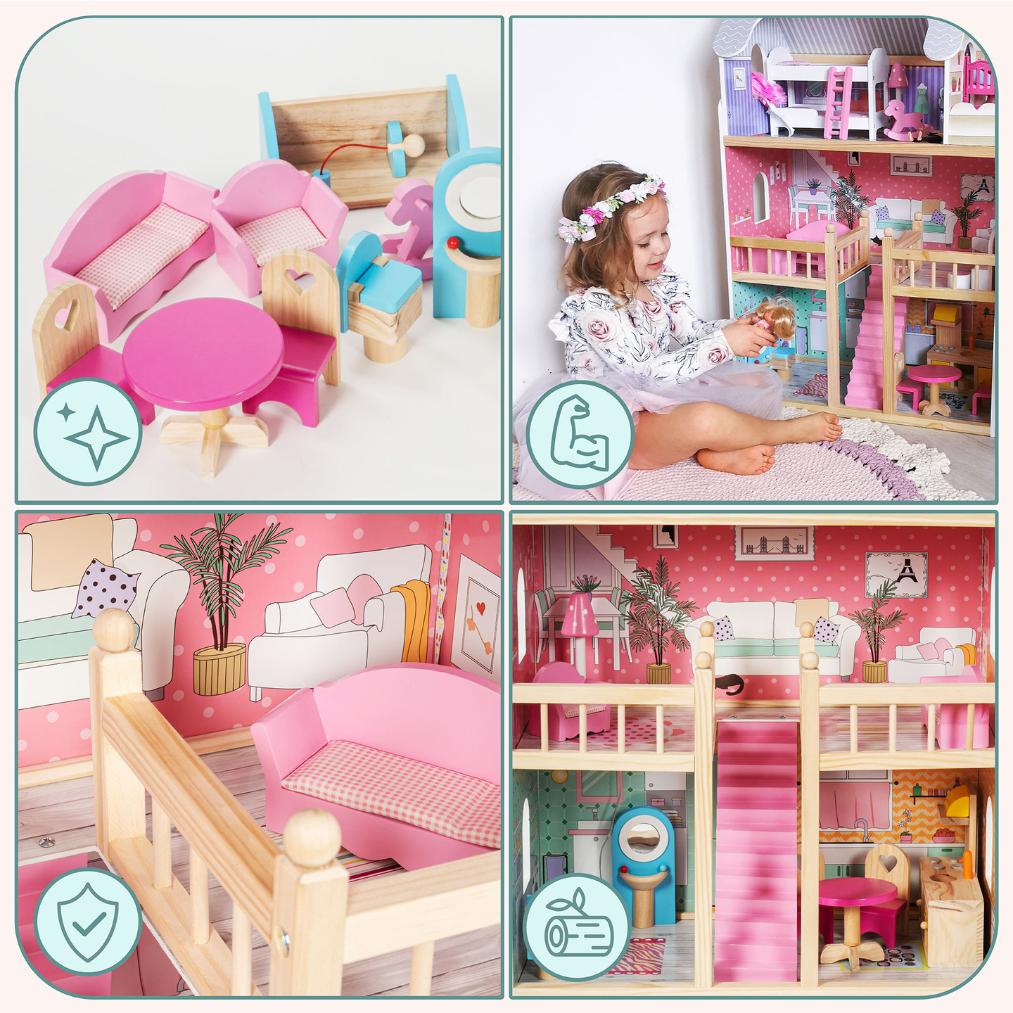 Velika drvena kućica za lutke na 3 kata s terasom, kompletom namještaja i LED rasvjetom!