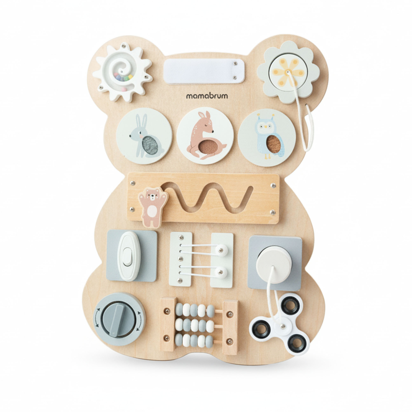 Drvena Montessori manipulativna ploča s medvjedićem - senzorno učenje samostalnosti: čičak, čep, labirint, klik gumb