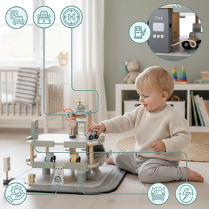 Drvena, trokatna garaža za djecu s pratećom opremom – parkiralište, benzinska postaja, autopraonica, helikopter