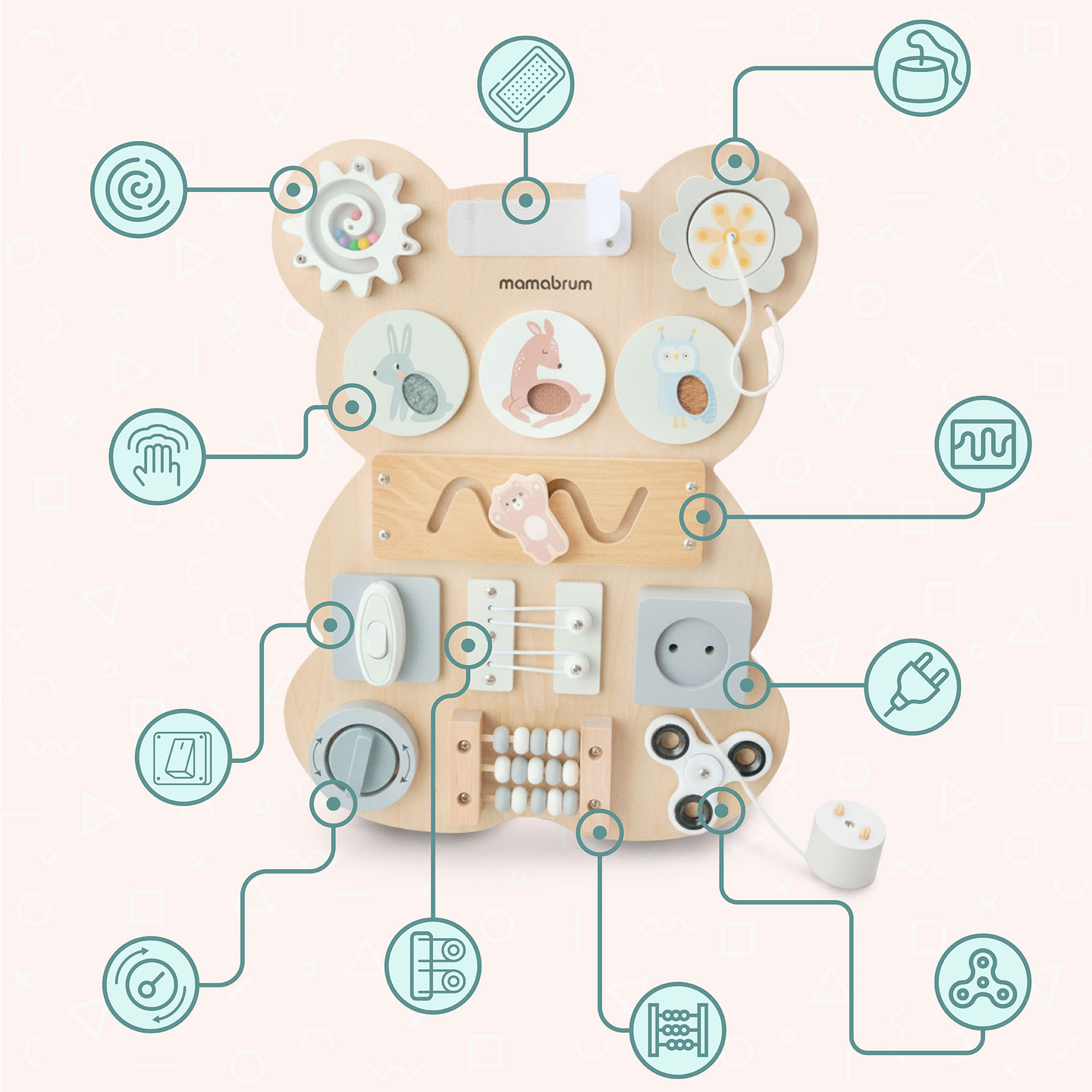 Drvena Montessori manipulativna ploča s medvjedićem - senzorno učenje samostalnosti: čičak, čep, labirint, klik gumb