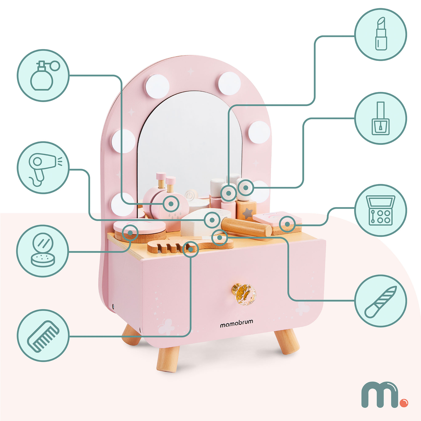 Drveni mini toaletni stolić za djecu s priborom i LED rasvjetom s glatkim podešavanjem svjetline