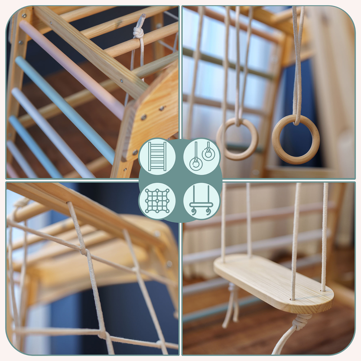 Drveno unutarnje igralište s ljuljačkom, gimnastičkim kolutovima i mrežom za penjanje
