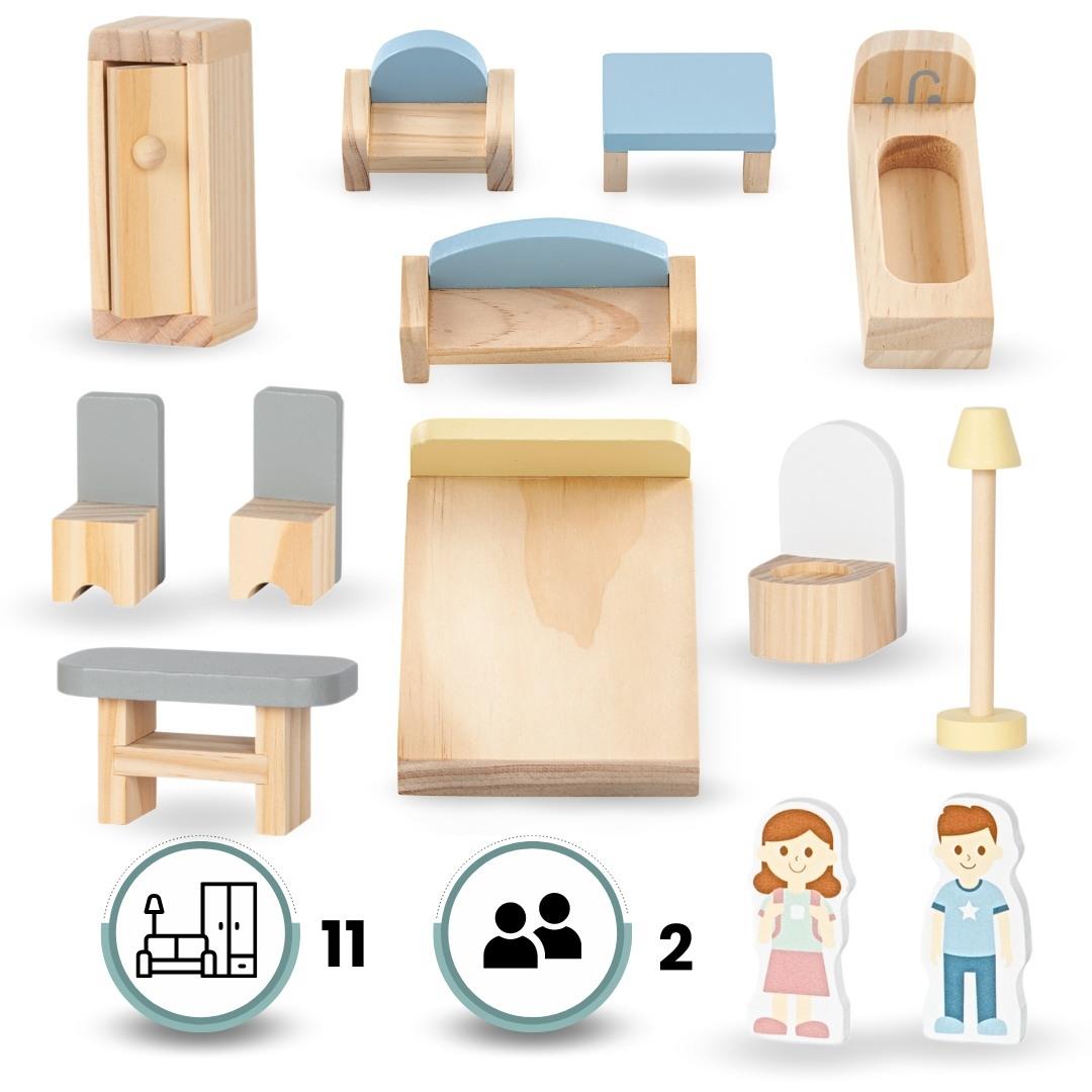 Bijela drvena kućica za lutke s terasom i dodacima