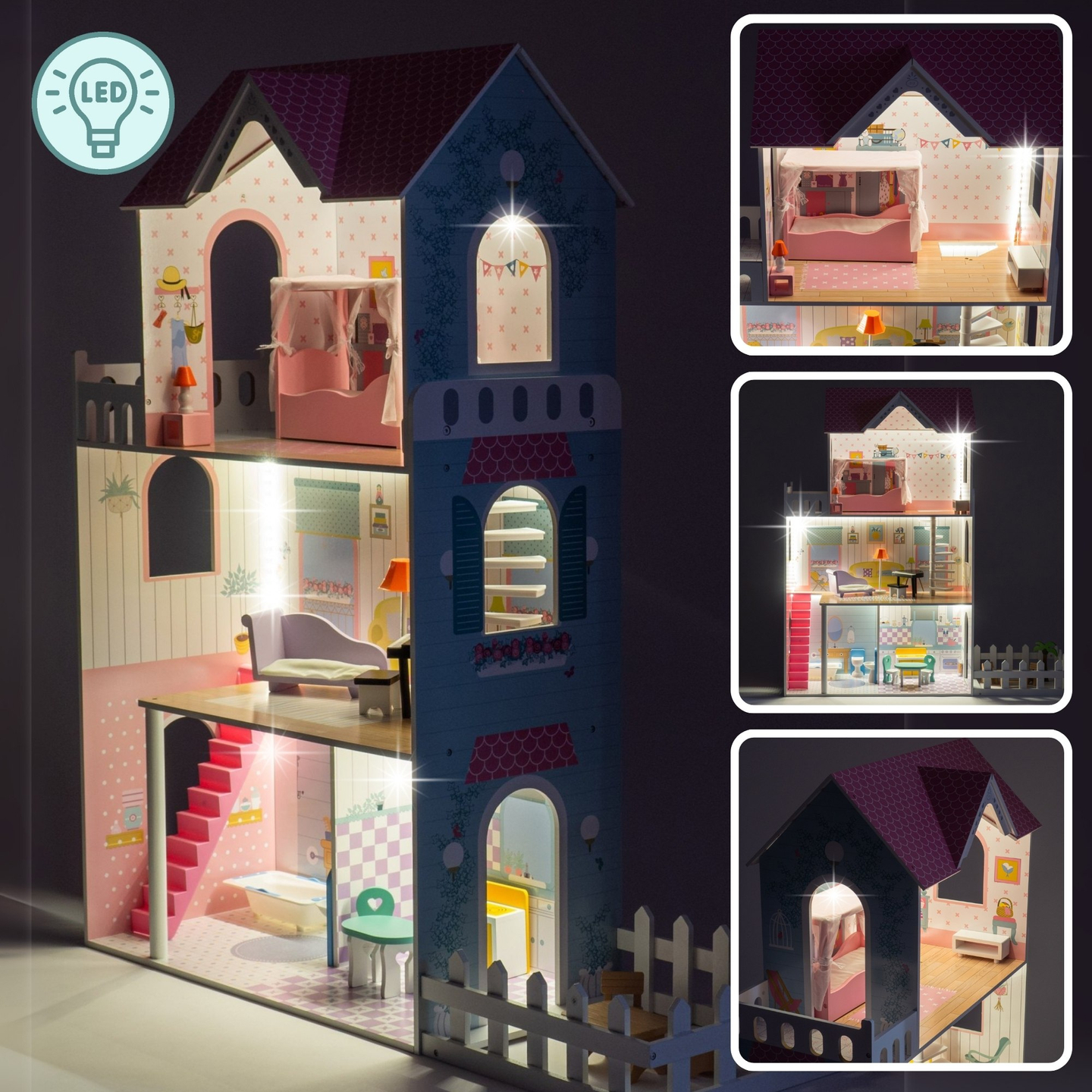 XXL Najveća drvena kućica za lutke - 123 cm - LED osvijetljena - terasa, pribor, vrt