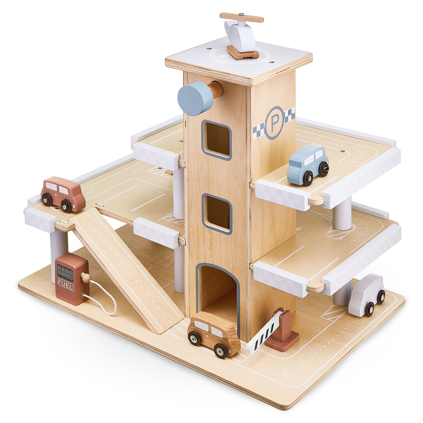 Drveni troetažni parking sa liftom - garaža sa automobilima i helikopterom