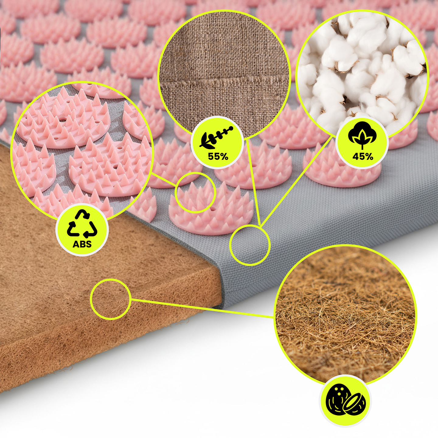 EKO lanena prostirka za akupresuru s kokosovim vlaknima i jastukom od heljde – 68 cm HyperMotion siva i ružičasta