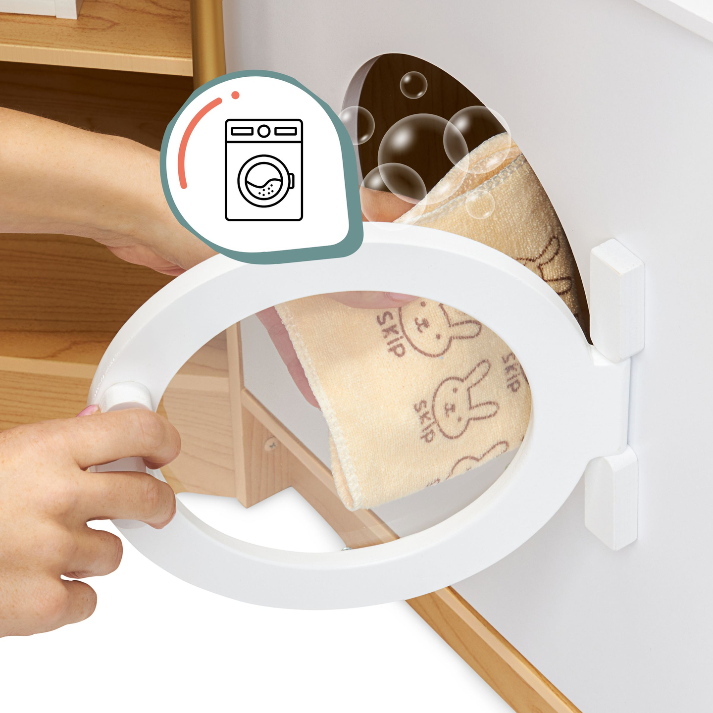 Velika, drvena XXXXL interaktivna kuhinja s LED rasvjetom, perilicom rublja, mikrovalnom pećnicom, aparatom za kavu i setom povrća i voća - 50 elemenata