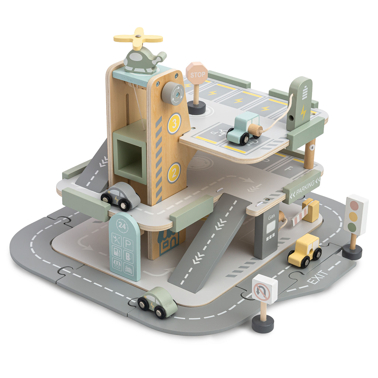 Drvena, trokatna garaža za djecu s pratećom opremom – parkiralište, benzinska postaja, autopraonica, helikopter