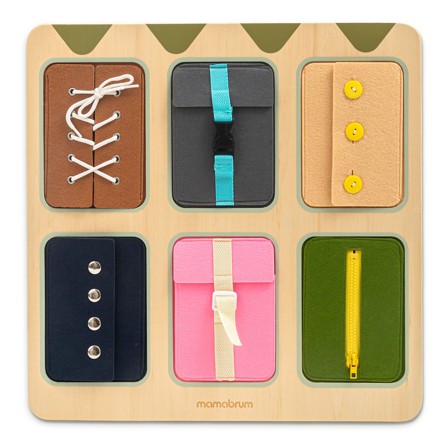 Drvena Montessori manipulativna ploča – Senzorno učenje samostalnosti - vezice, kopče, gumbi, drukeri, patentni zatvarač