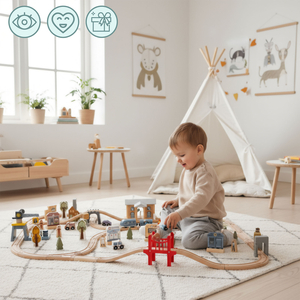 Drvena gradska željeznica s električnim vlakom - pokretna dizalica, brod, mostovi