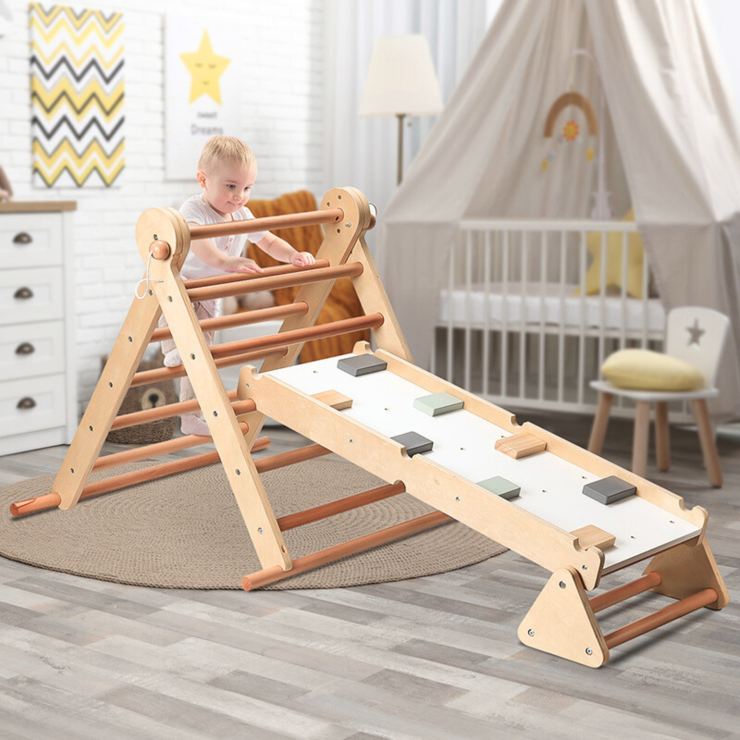 Drveno kućno igralište za djecu - ljestve + zid za penjanje + greda za ravnotežu - Piklerov trokut