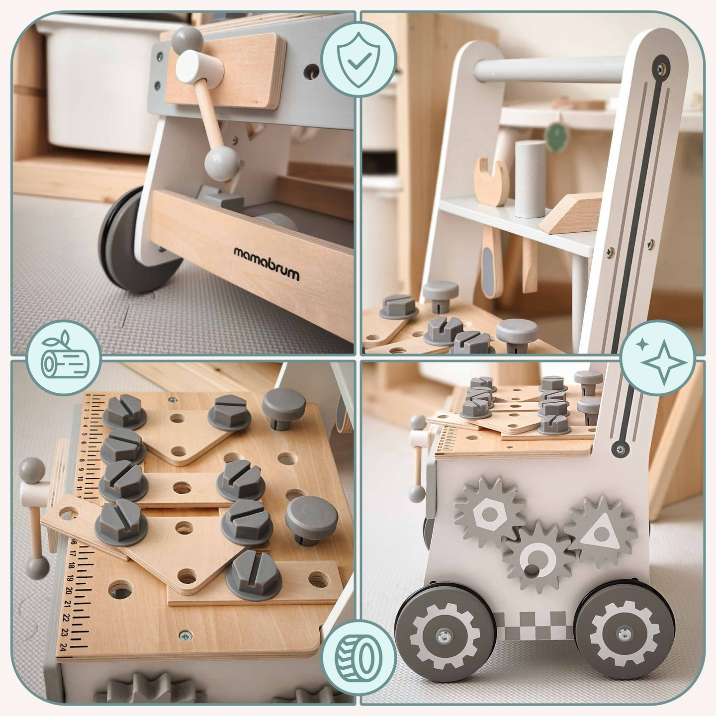 Drvena hodalica 3u1, guralica + radionica - 47 elemenata