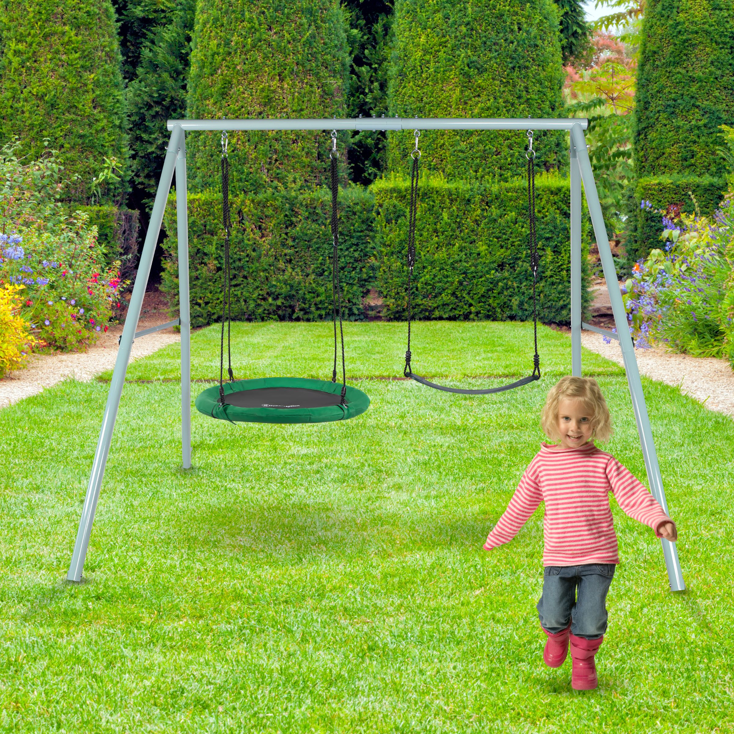 Dvostruka vrtna ljuljačka s okvirom i užadima - sjedalo i gnijezdo za rode