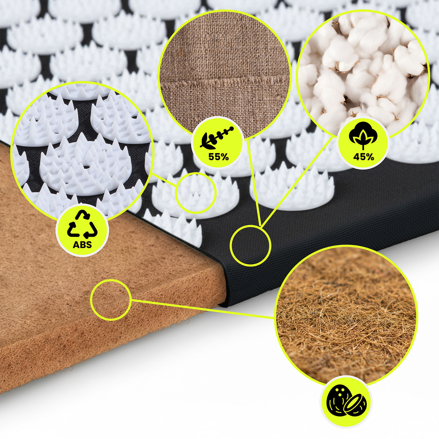 EKO lanena prostirka za akupresuru s kokosovim vlaknima i jastukom od heljde – 68 cm HyperMotion crno-bijela