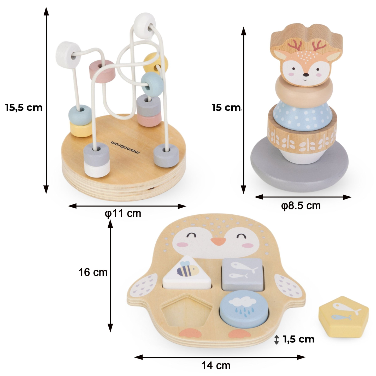 Set drvenih igračaka - šareni pleter, piramida jelena, sorter pingvin