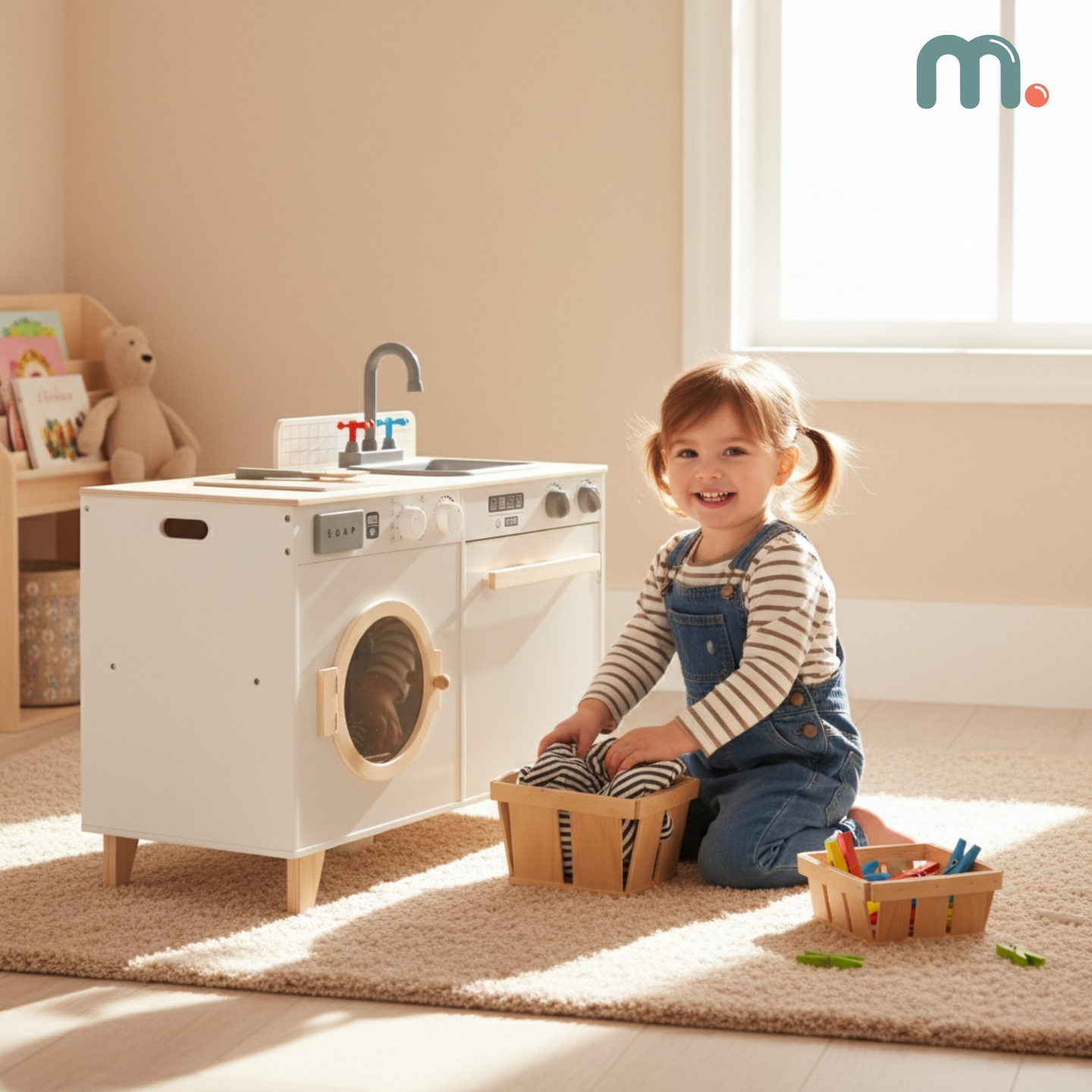 Drvena praonica i kuhinja - 2-u-1 kućni set za djecu