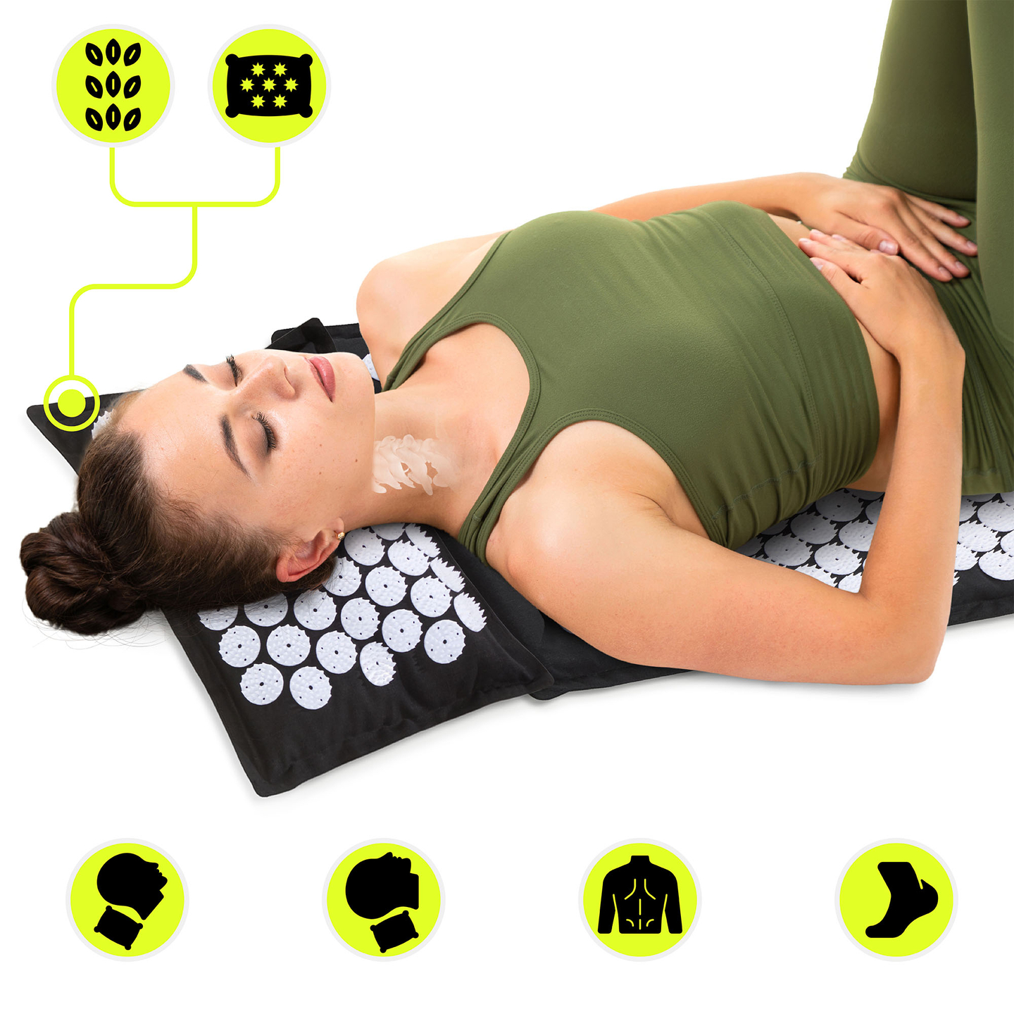 EKO lanena prostirka za akupresuru s kokosovim vlaknima i jastukom od heljde – 68 cm HyperMotion crno-bijela