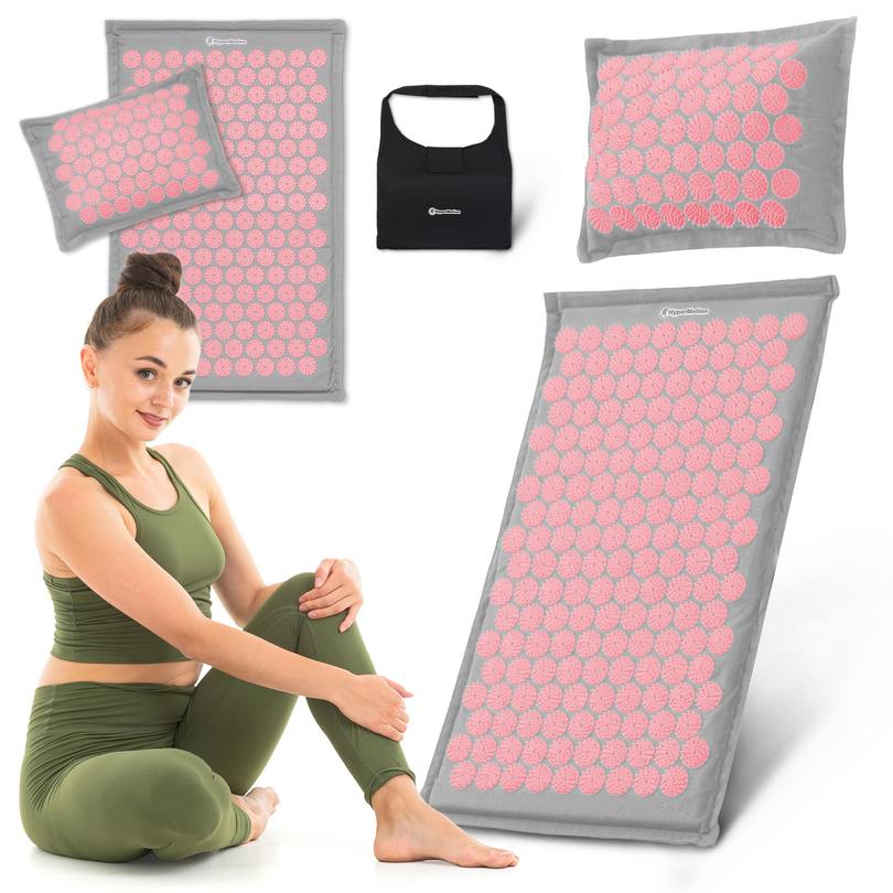 EKO lanena prostirka za akupresuru s kokosovim vlaknima i jastukom od heljde – 68 cm HyperMotion siva i ružičasta