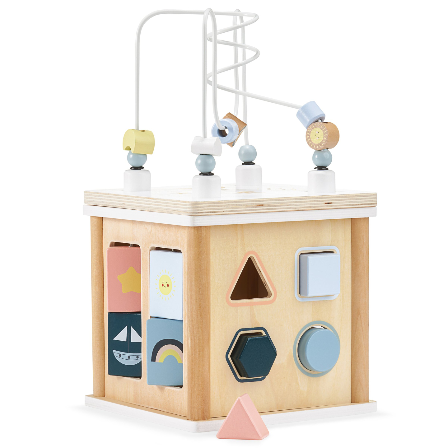 Drvena edukativna kocka s isprepletenim oblicima - razvrstavač oblika