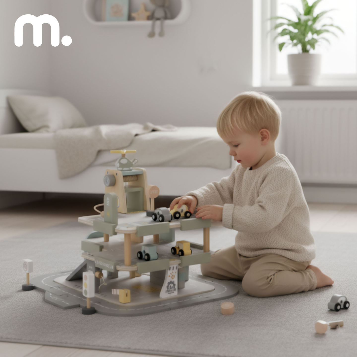 Drvena, trokatna garaža za djecu s pratećom opremom – parkiralište, benzinska postaja, autopraonica, helikopter