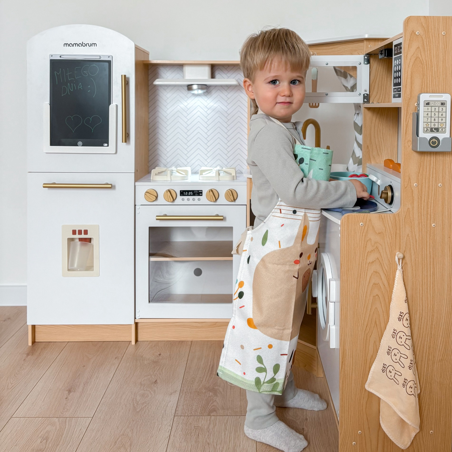 Velika, drvena XXXXL interaktivna kuhinja s LED rasvjetom, perilicom rublja, mikrovalnom pećnicom, aparatom za kavu i setom povrća i voća - 50 elemenata