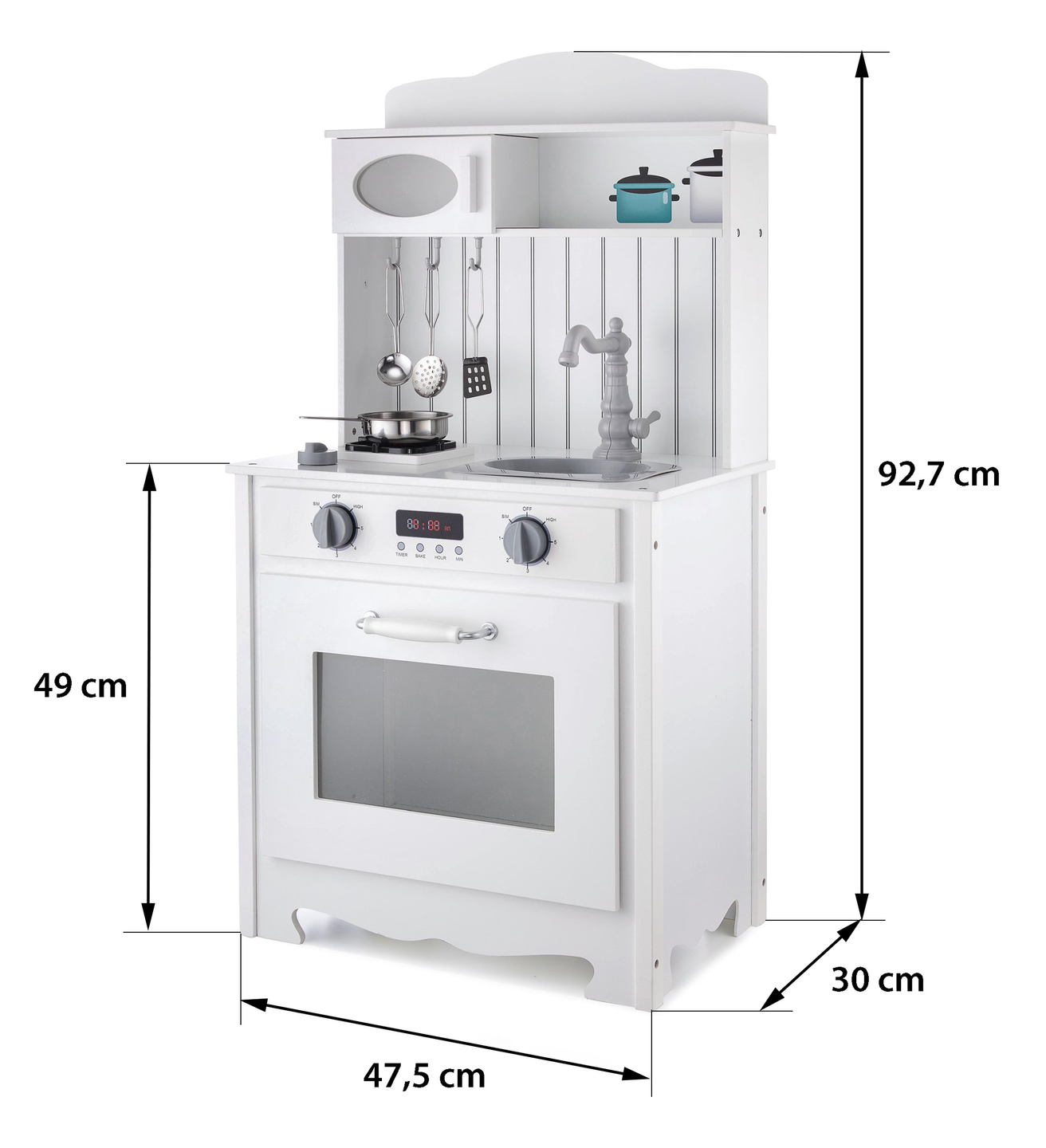 Bijela drvena kuhinja s pregačom, priborom i LED lampom