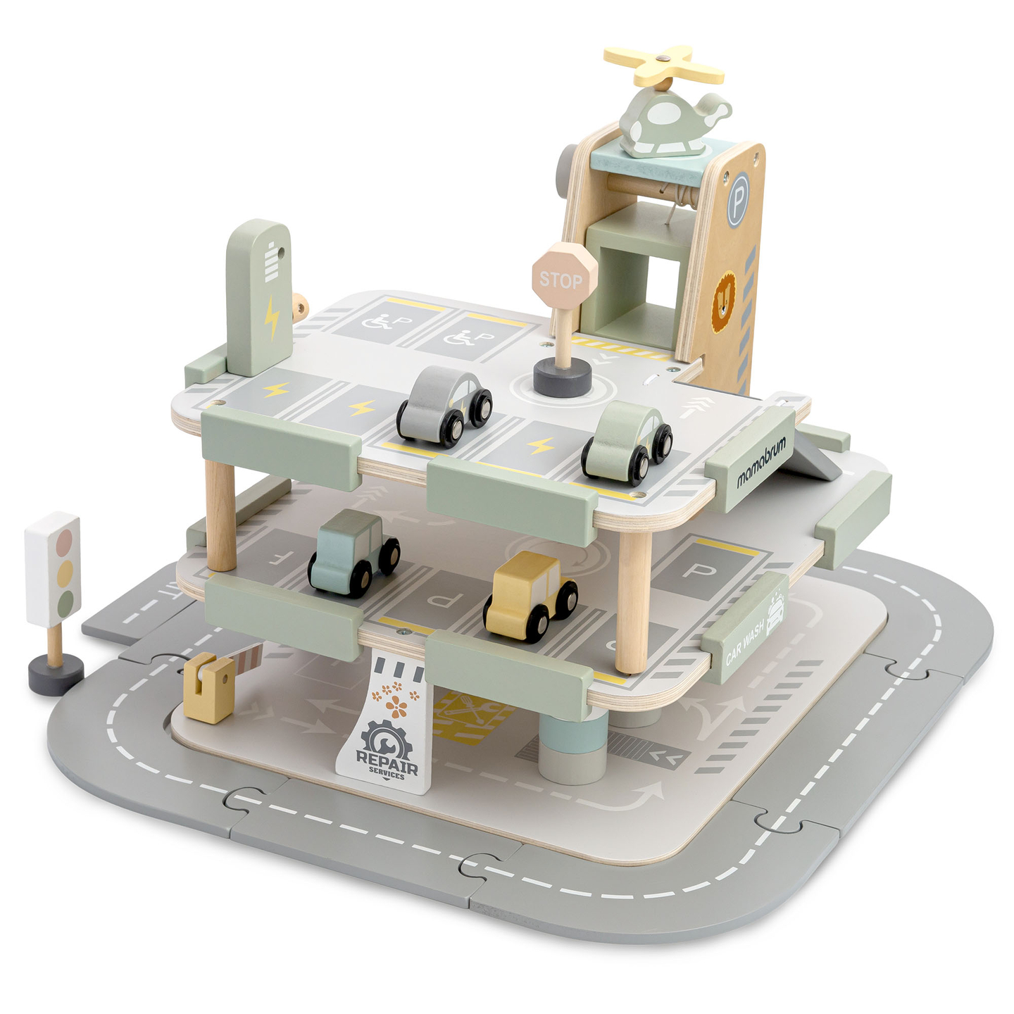 Drvena, trokatna garaža za djecu s pratećom opremom – parkiralište, benzinska postaja, autopraonica, helikopter