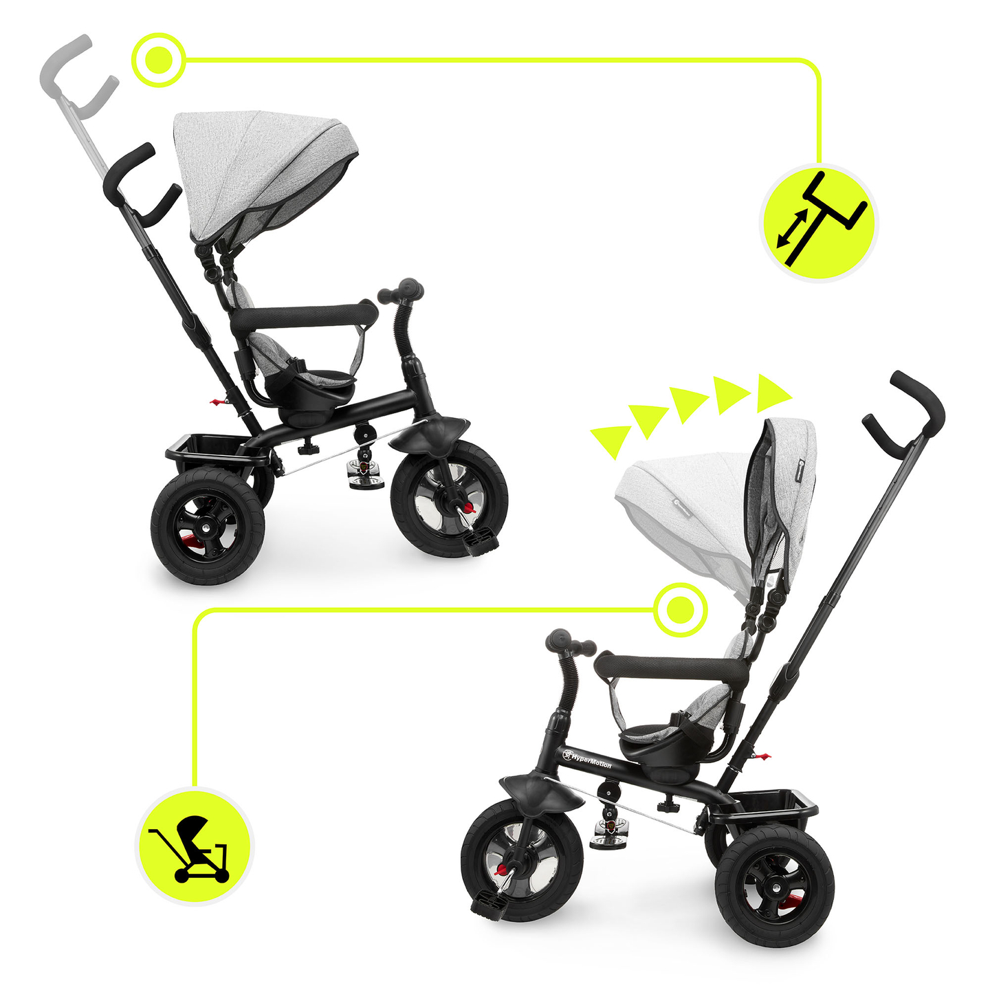 Tricikl za djecu 1-4 godine - TOBI FREY - siva boja - okretna - kotači na napuhavanje + guralica