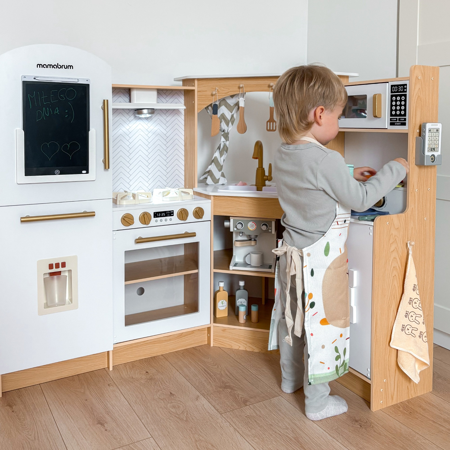 Velika, drvena XXXXL interaktivna kuhinja s LED rasvjetom, perilicom rublja, mikrovalnom pećnicom, aparatom za kavu i setom povrća i voća - 50 elemenata