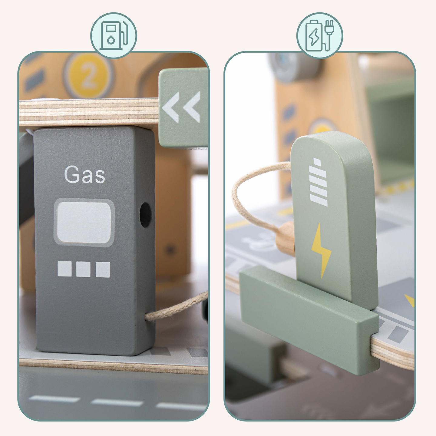 Drvena, trokatna garaža za djecu s pratećom opremom – parkiralište, benzinska postaja, autopraonica, helikopter