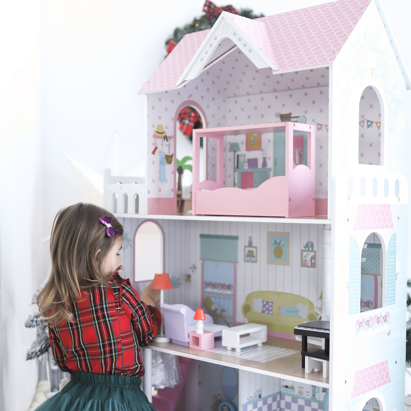 XXL Najveća drvena kućica za lutke - 123 cm - LED osvijetljena - terasa, pribor, vrt