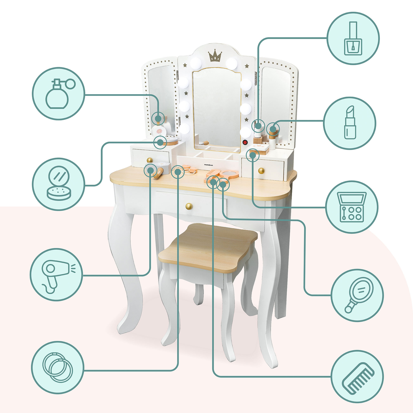 XXL drveni toaletni stolić sa stolicom i LED rasvjetom za djecu + pribor