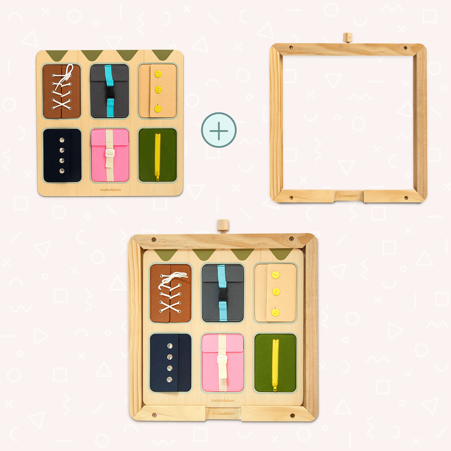 Drvena Montessori manipulativna ploča – Senzorno učenje samostalnosti - vezice, kopče, gumbi, drukeri, patentni zatvarač