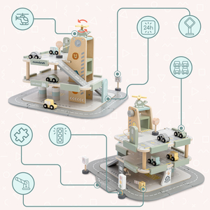 Drvena, trokatna garaža za djecu s pratećom opremom – parkiralište, benzinska postaja, autopraonica, helikopter