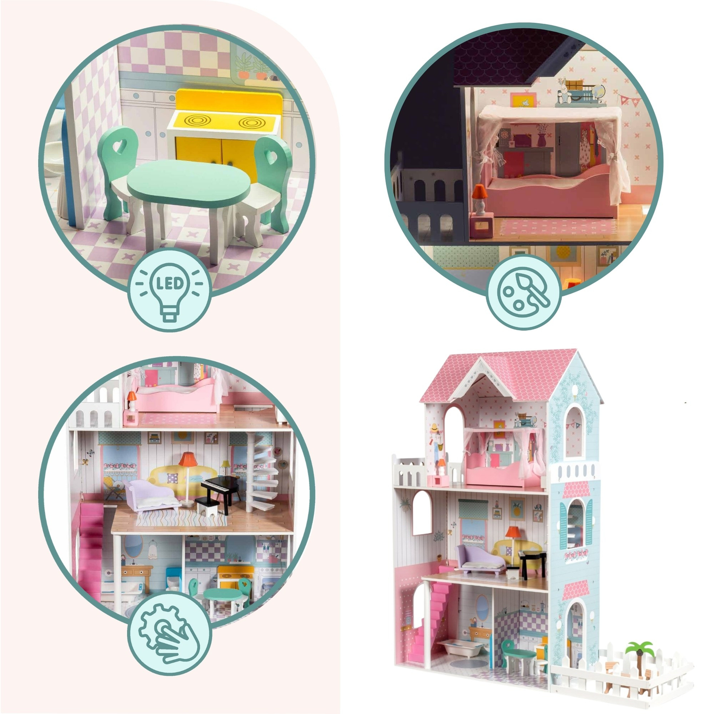 XXL Najveća drvena kućica za lutke - 123 cm - LED osvijetljena - terasa, pribor, vrt