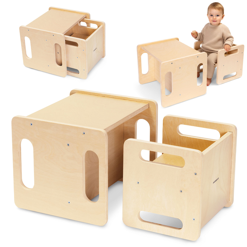 Drveni stol i stolica s funkcijom stepenice – multifunkcionalni Montessori set za djecu