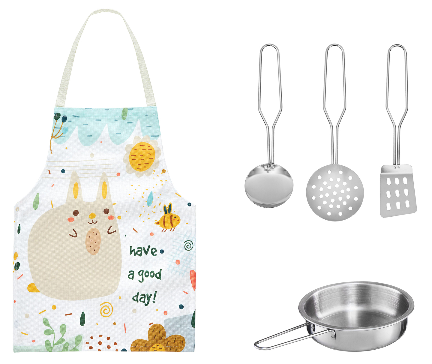 Bijela drvena kuhinja s pregačom, priborom i LED lampom