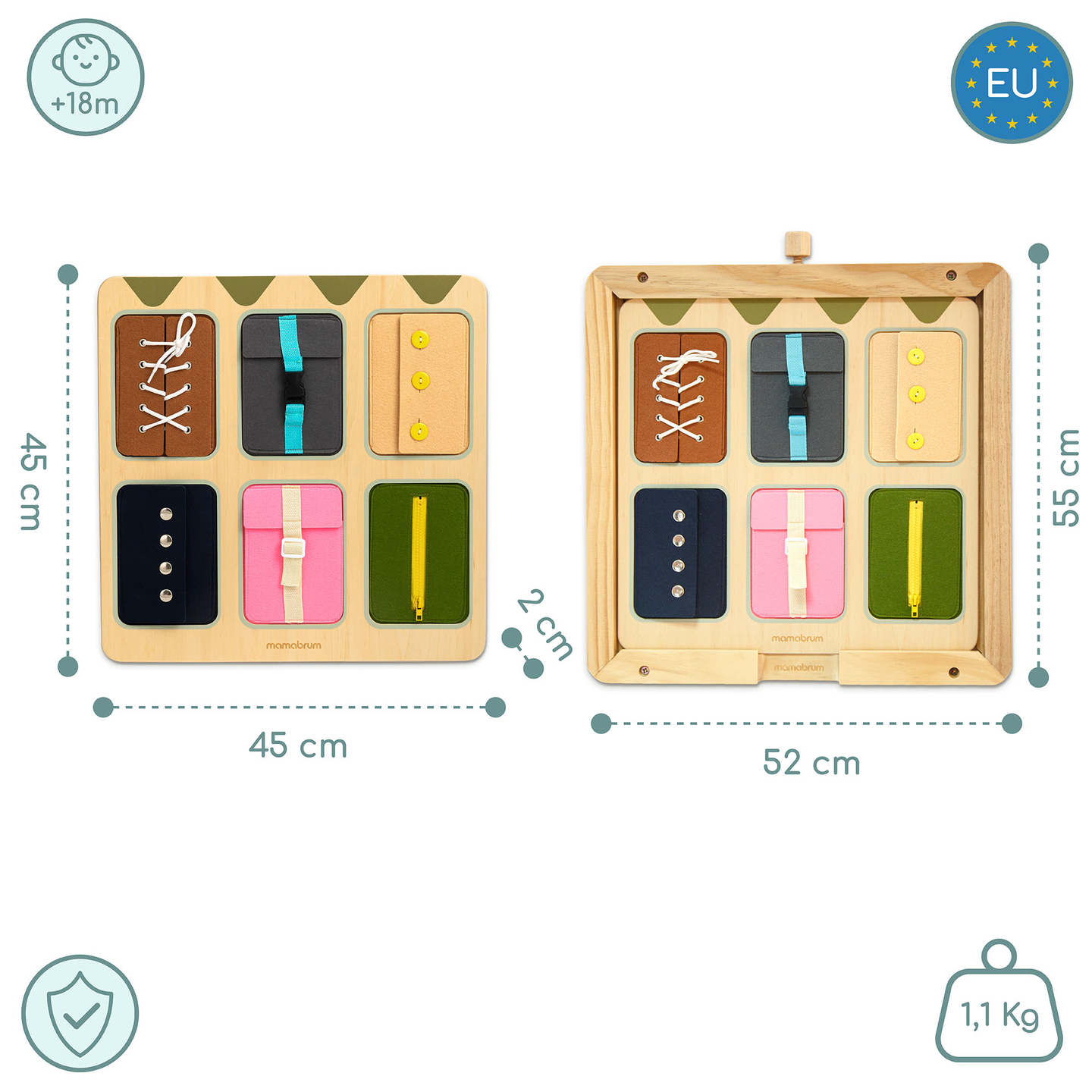 Drvena Montessori manipulativna ploča – Senzorno učenje samostalnosti - vezice, kopče, gumbi, drukeri, patentni zatvarač