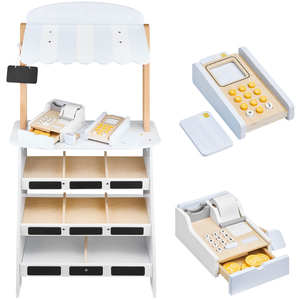 Trgovina mješovitom robom - drveni štand sa kutijama, blagajnom i terminalom