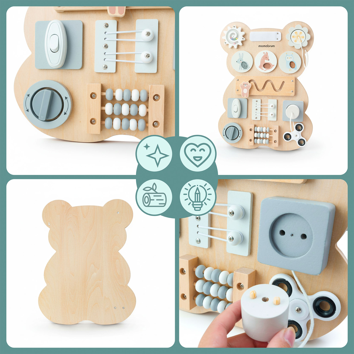 Drvena Montessori manipulativna ploča s medvjedićem - senzorno učenje samostalnosti: čičak, čep, labirint, klik gumb