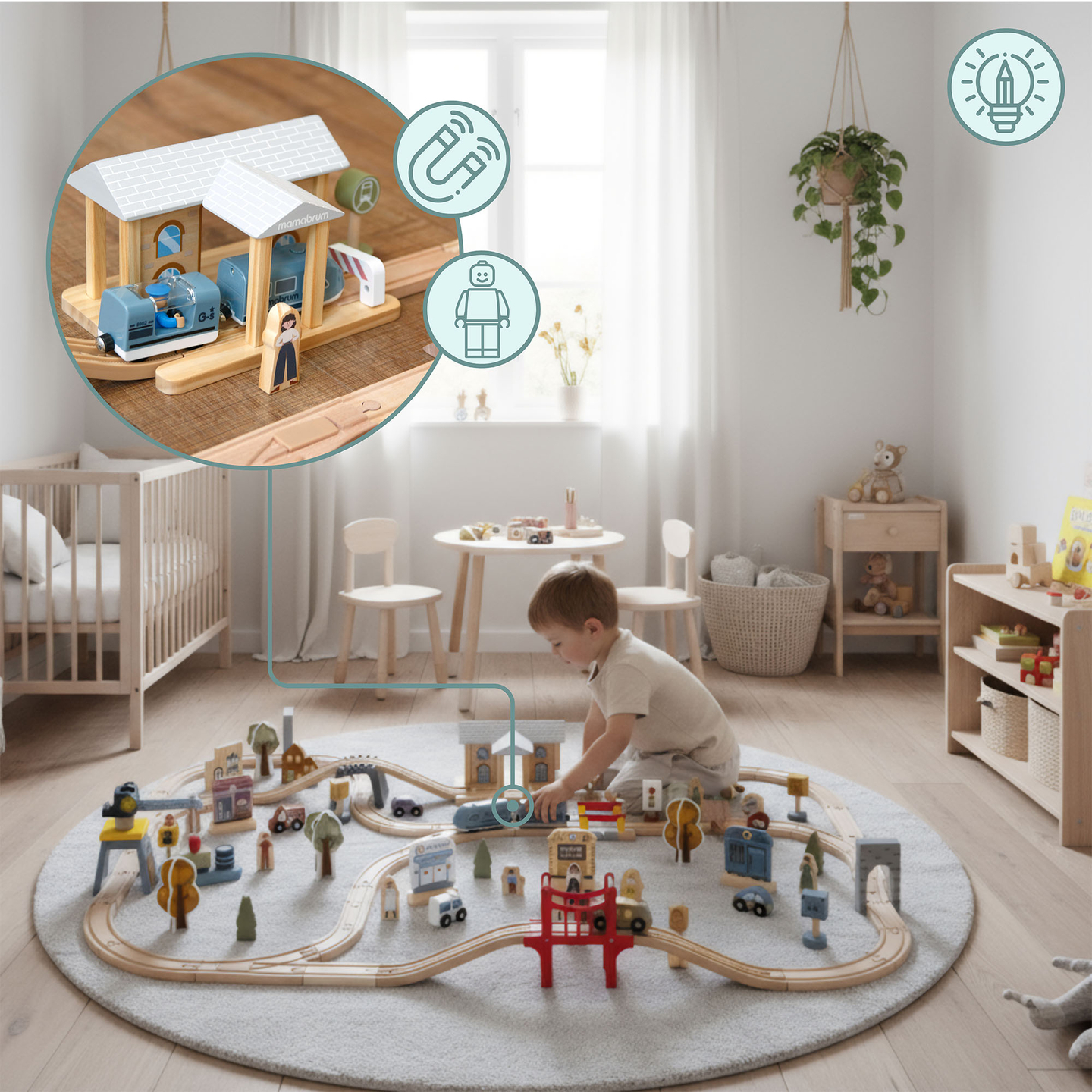 Drvena gradska željeznica s električnim vlakom - pokretna dizalica, brod, mostovi