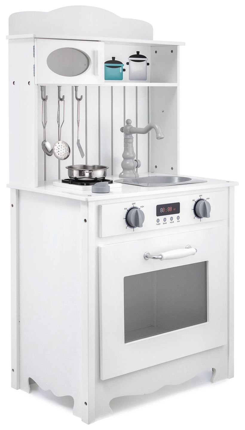 Bijela drvena kuhinja s pregačom, priborom i LED lampom