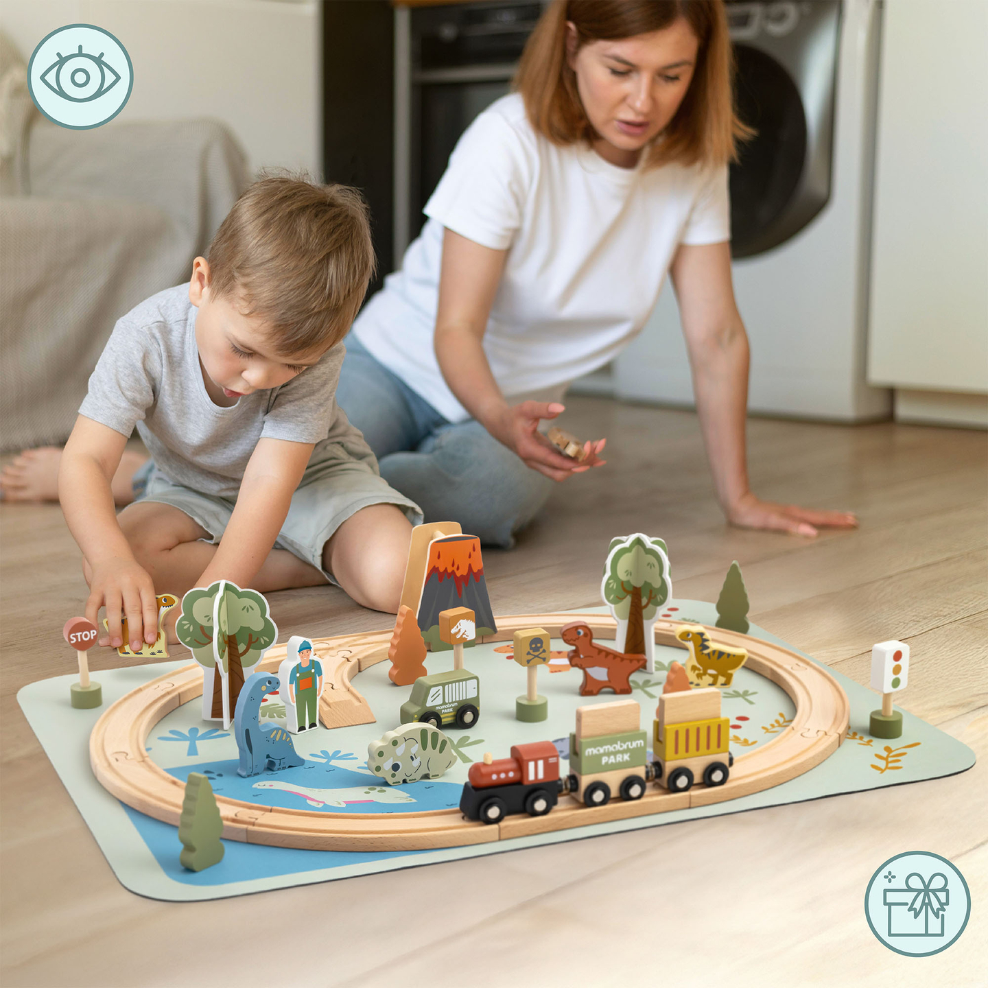 Dino Park drveni vlak s protukliznom podlogom - dinosauri, vlak, tračnice, vulkan, zvono