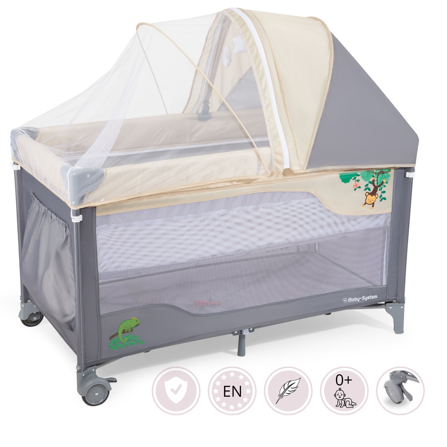 Putni krevetić 0 - 36 m sa stolom za prematanje + Moby-System HUXLEY igralište