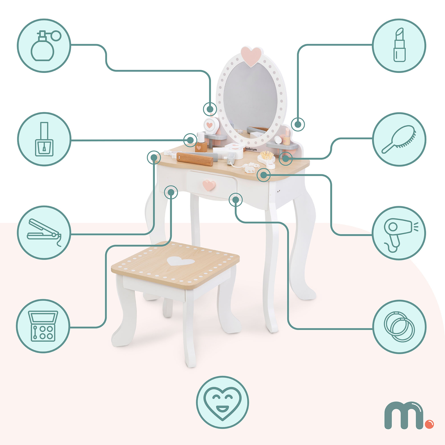 Drveni toaletni stol sa stolicom i dodacima