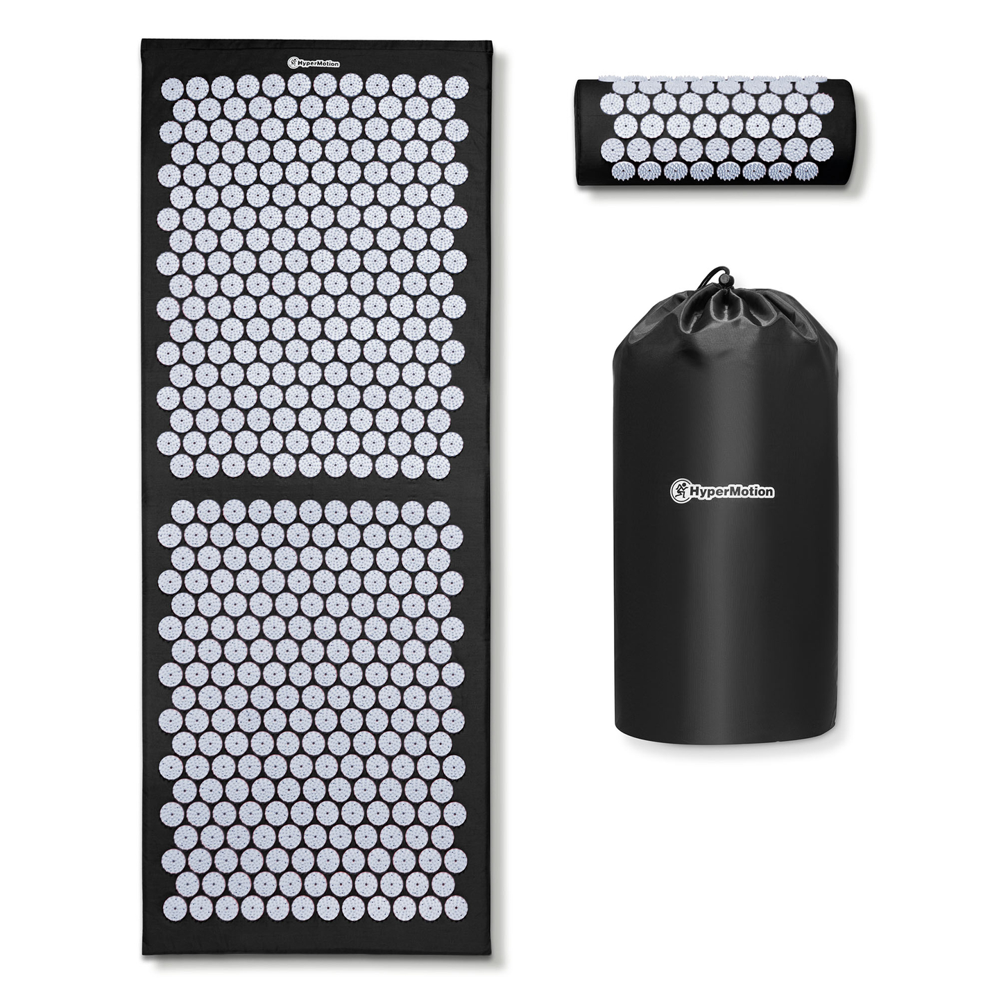 Velika akupresurna prostirka s jastukom i navlakom - 130 cm HyperMotion crno-bijela