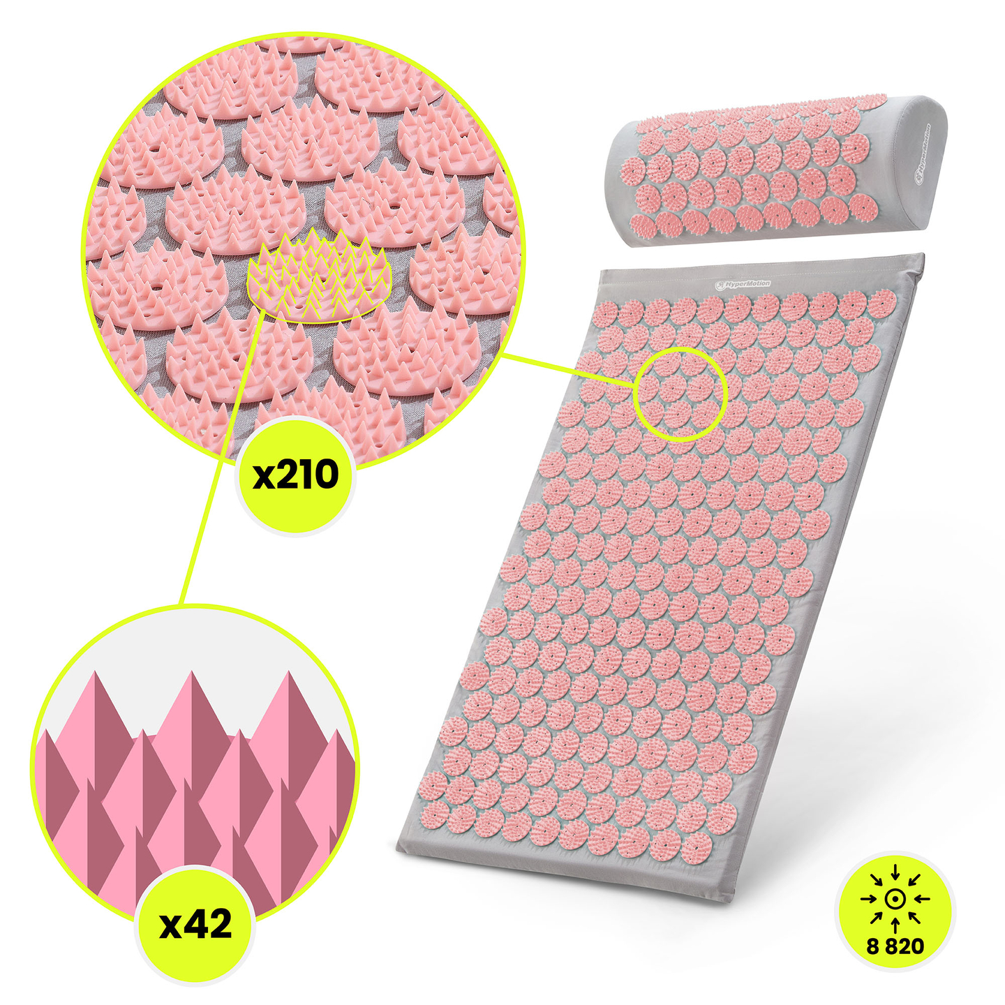 Prostirka za akupresuru s jastukom i navlakom - 72 cm HyperMotion siva i roza