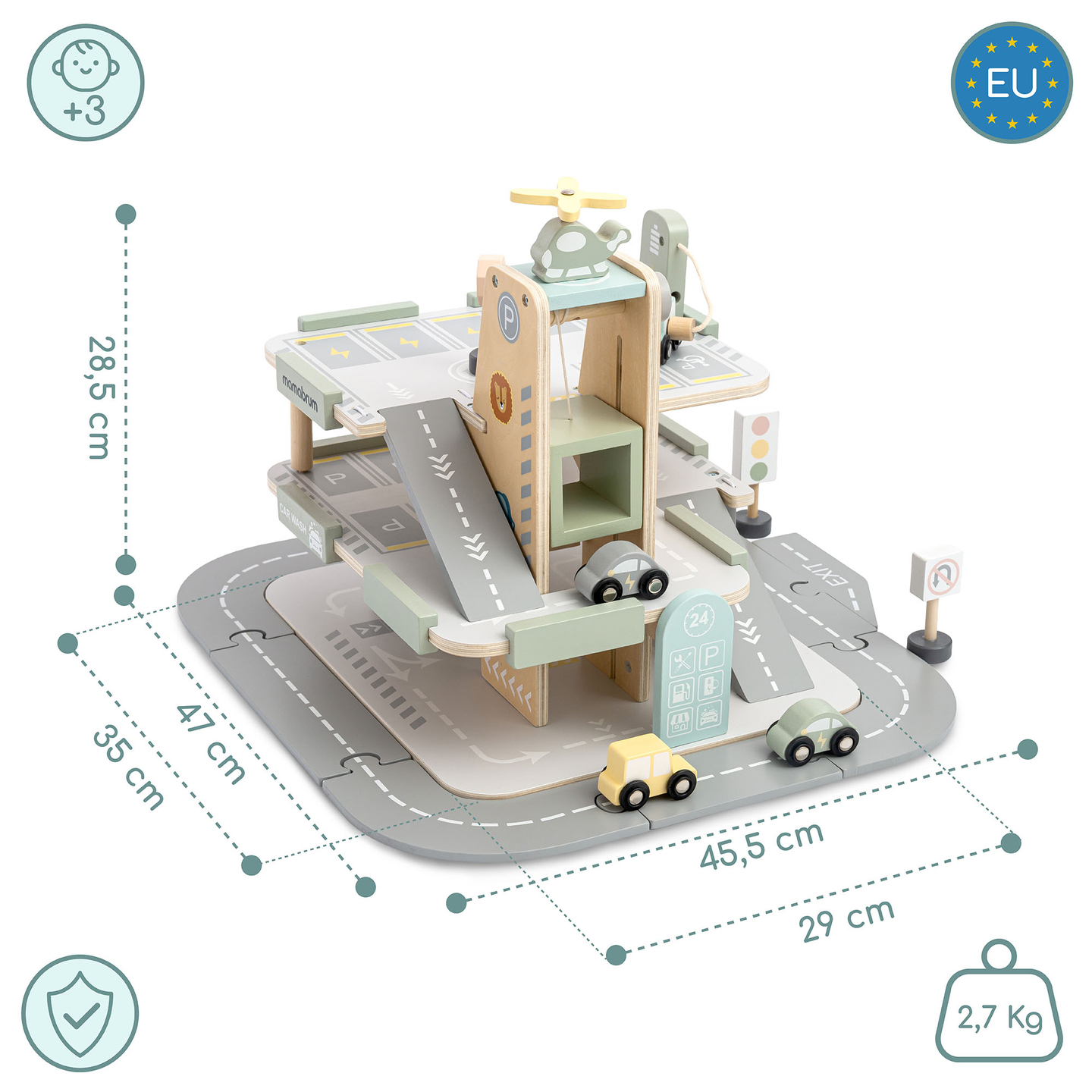 Drvena, trokatna garaža za djecu s pratećom opremom – parkiralište, benzinska postaja, autopraonica, helikopter